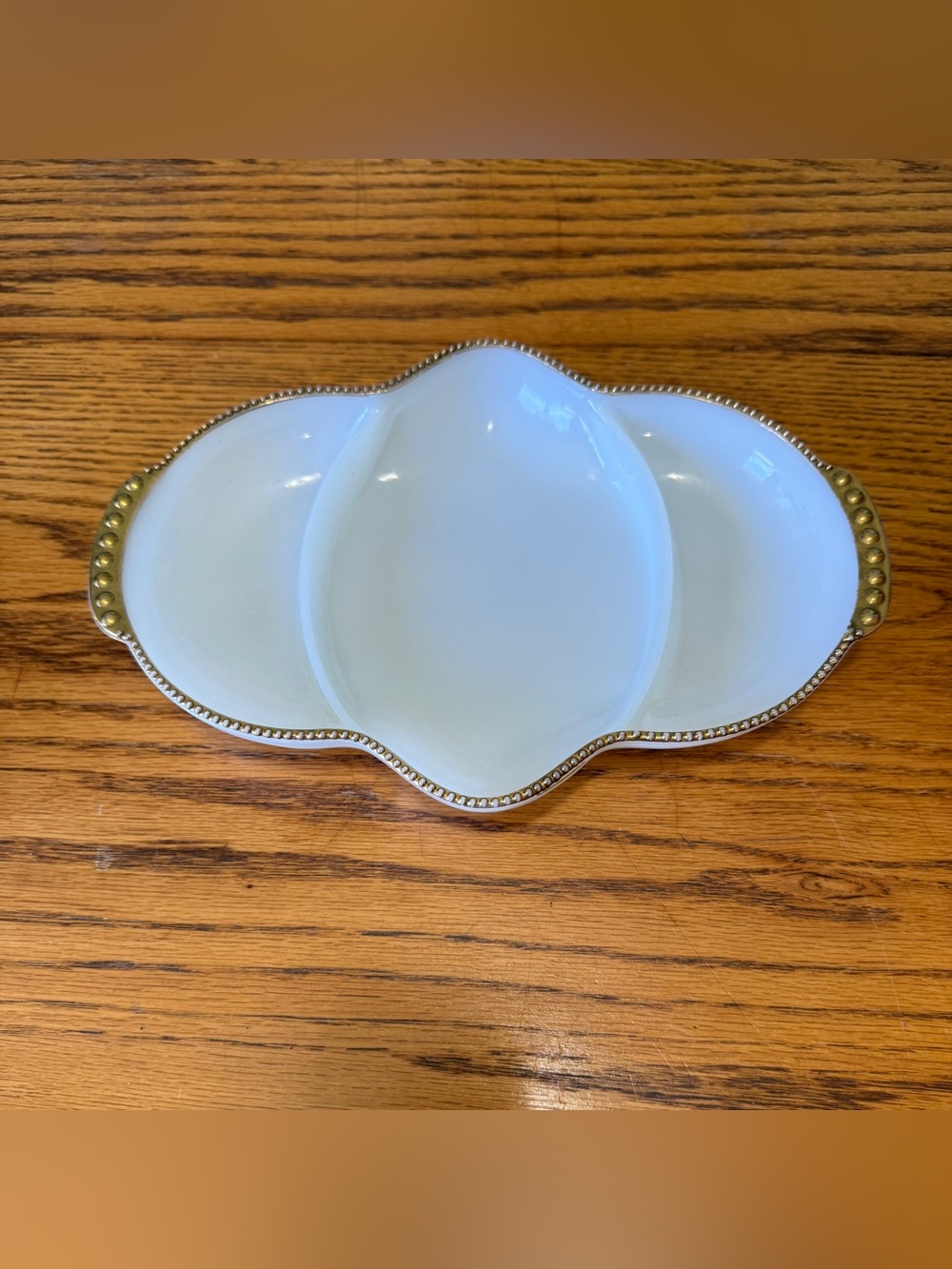FIRE KING #13 MILK GLASS WHITE WITH GOLD TRIM DIVIDED RELISH DISH 1950'S USA